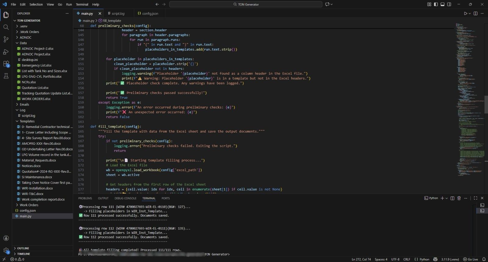 Python document-generator source in Visual Studio Code, showing template placeholder checks, an Excel workbook reader, and per-row processing messages.