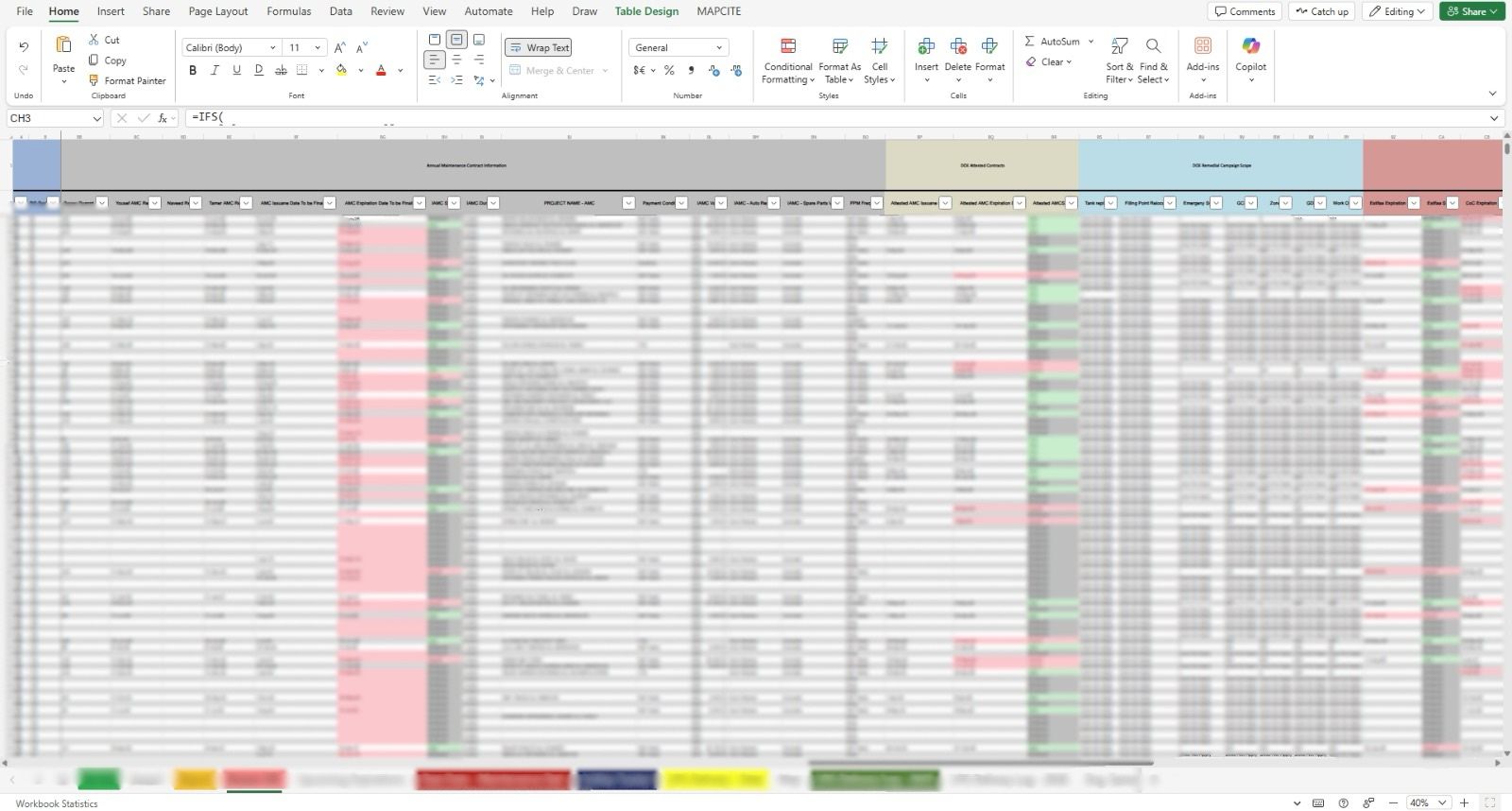 Structured Excel tracker for site status, contracts, and remedial work